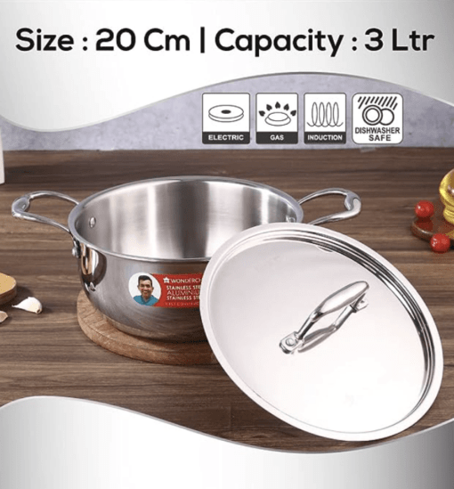 Wonderchef Nigella Tri-ply Stainless Steel 20 cm Casserole | 3 litres | 2.6mm Thickness | Induction Base | Compatible with All cooktops | Riveted Cool-Touch Handle | 10 Year Warranty - Image 2